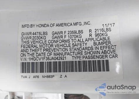 2018 Honda Accord Sport z USA, uszkodzony, nr VIN 1HGCV1F36JA042921